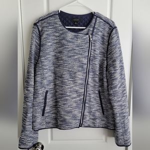 Ann Taylor Women's Asymmetrical Zip Blazer Jacket Blue and White Tweed Size 18